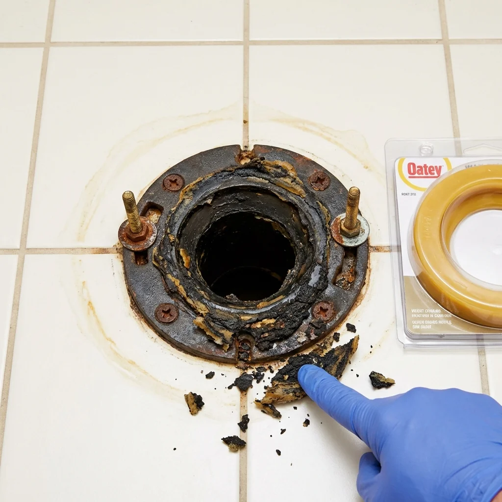 Failed wax ring showing water seepage at the base of a toilet in a Niles, OH home