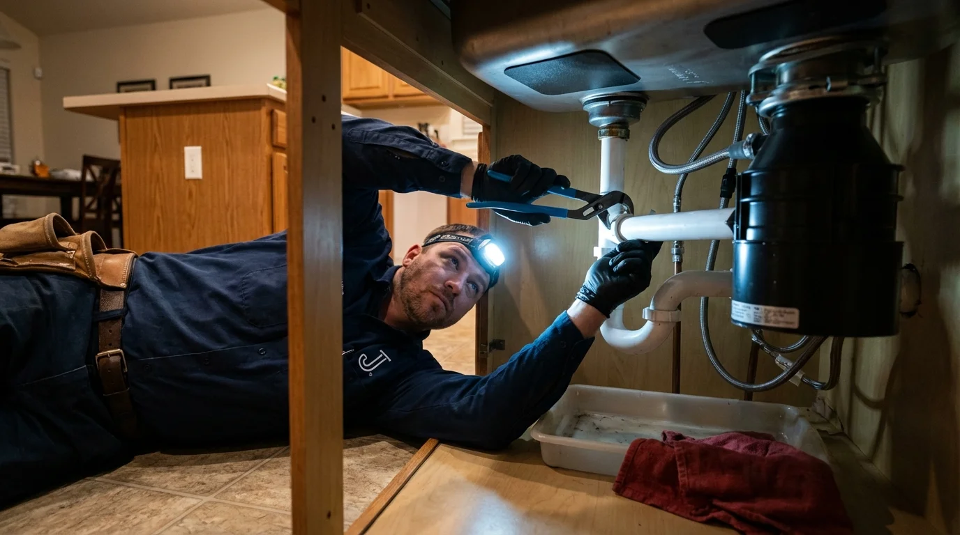 P-trap and supply line connections under a kitchen sink showing a common leak point in Niles, OH
